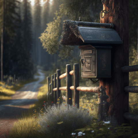 A rustic mailbox at the side of a forest road.