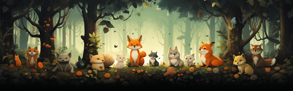 Banner image: whimsical cartoon animals in a forest