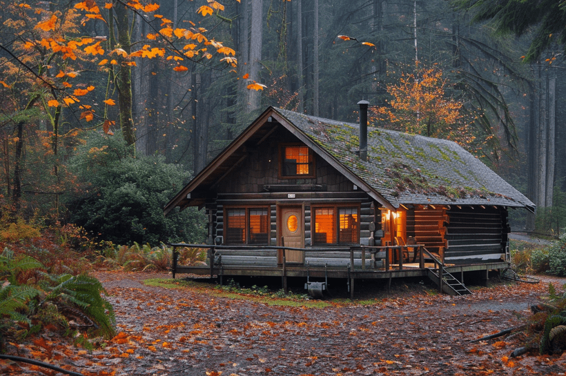 A rustic log cabin with glowing windows nestled in a lush forest during autumn. The ground is covered with fallen leaves in shades of orange and brown, and tall trees with sparse orange leaves surround the cabin. A misty atmosphere adds a serene mood to the scene.