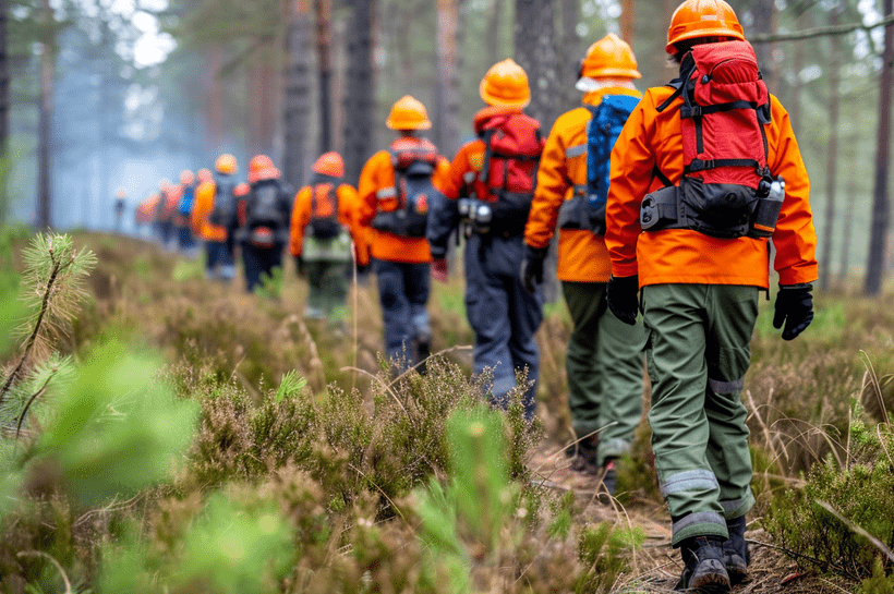 A line of firefighters in high-visibility orange jackets and helmets walking through a forest for a controlled burn or fire prevention operation.