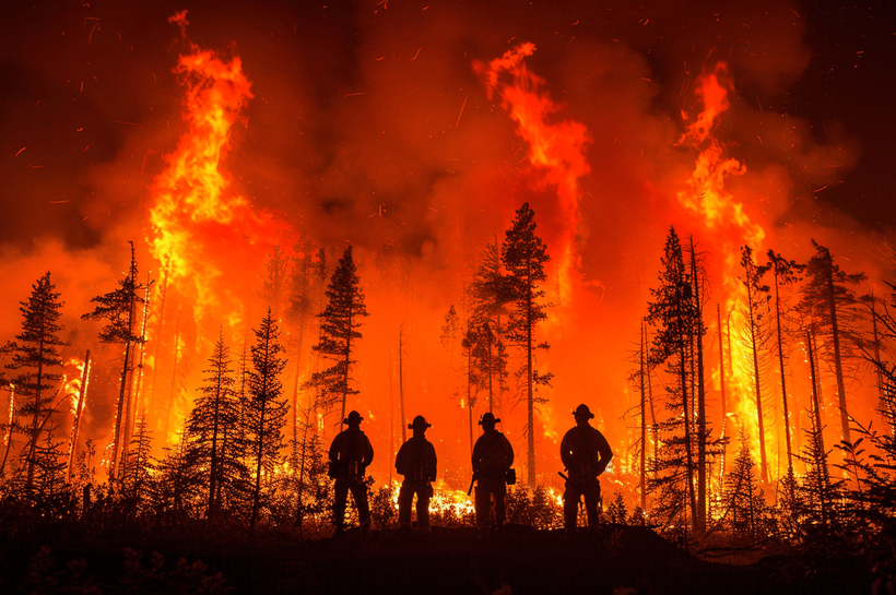 Four firefighters stand silhouetted against a dramatic backdrop of a fierce forest fire with towering flames engulfing trees at night.