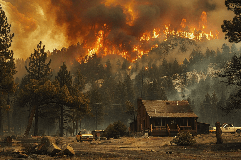 A tranquil forest scene with a solitary cabin, overshadowed by a dramatic mountain range in the distance where a wildfire rages.