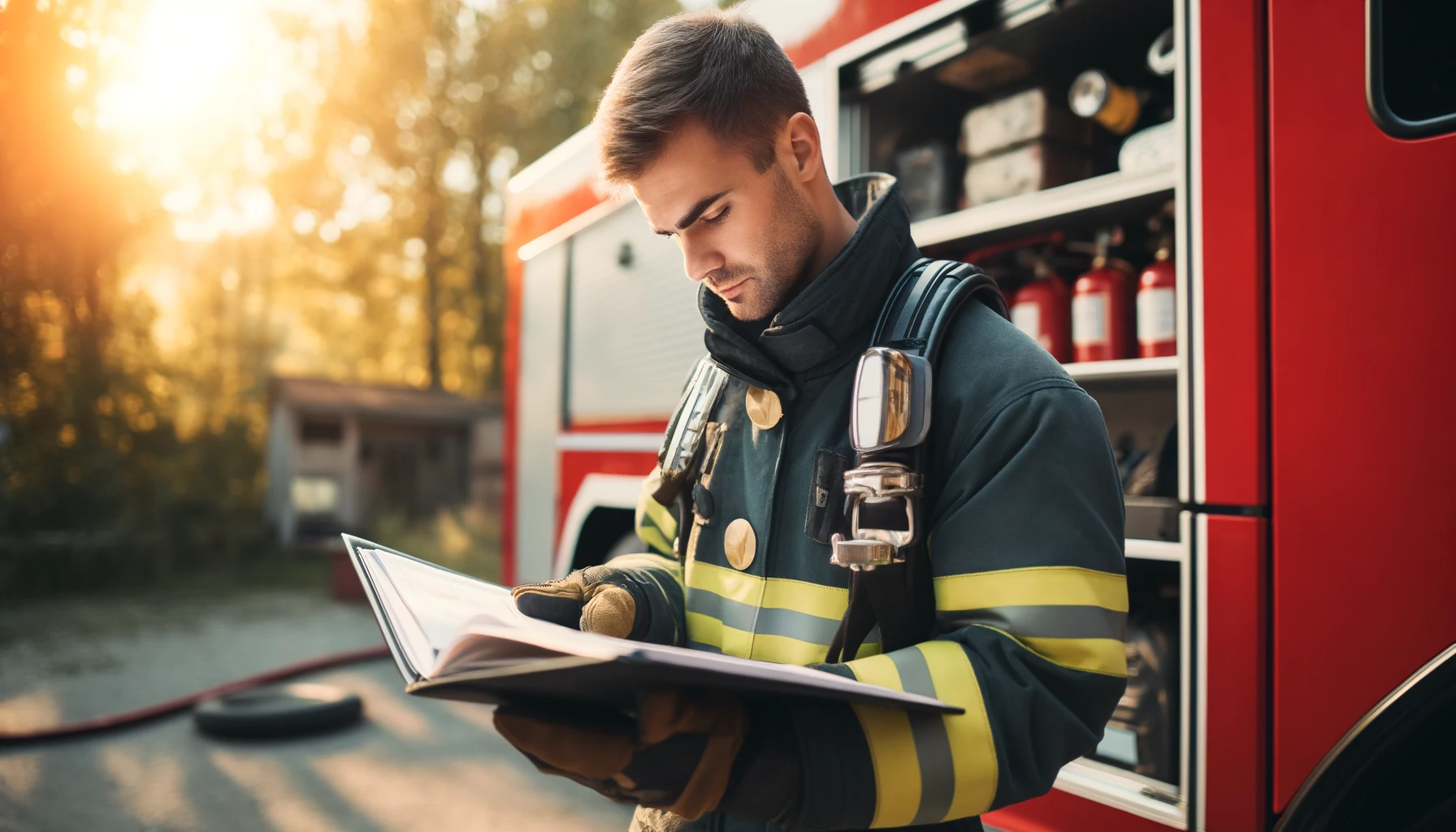 A firefighter in full gear examining a book or binder, standing near a fire truck under daylight. The firefighter, a Caucasian male, is focused intently on the book, which is open in his hands. The background features a partially visible fire truck and blurred trees.