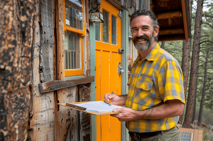 A smiling man with a graying beard and a short haircut stands in front of a rustic wooden cabin with a vibrant orange door. He is wearing a yellow and black checkered shirt and holds a clipboard with papers. Tall pine trees are visible in the background.