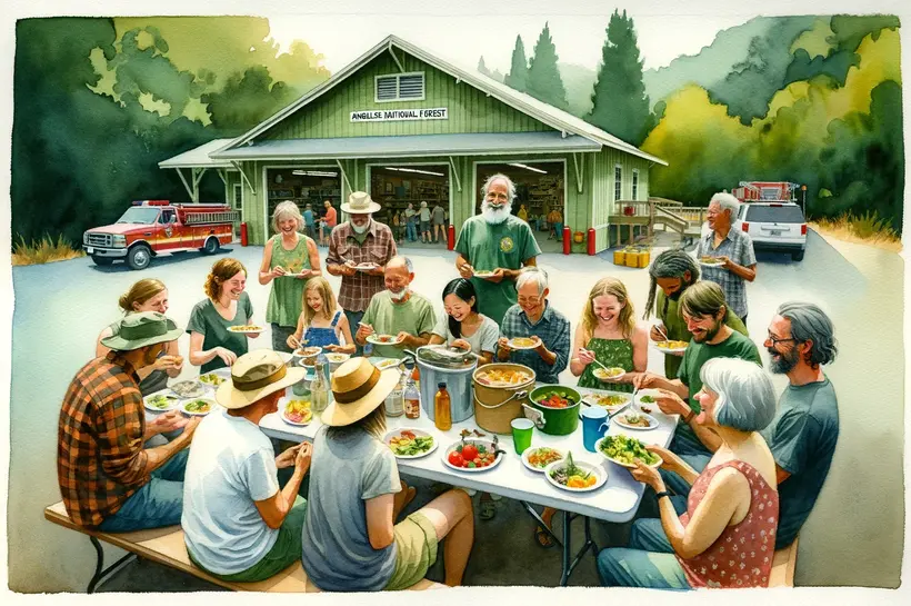 The image depicts a community gathering at a potluck event in front of a fire station. A group of people, including men, women, and children, are seated at long picnic tables enjoying a meal together. The setting is outdoors, and the atmosphere appears warm and friendly. The fire station, labeled "ANF Fire Station 13," is visible in the background with a fire truck parked nearby. The surrounding area features lush greenery, suggesting a natural, forested location. The attendees are smiling and engaging in conversation, indicating a sense of community and camaraderie.